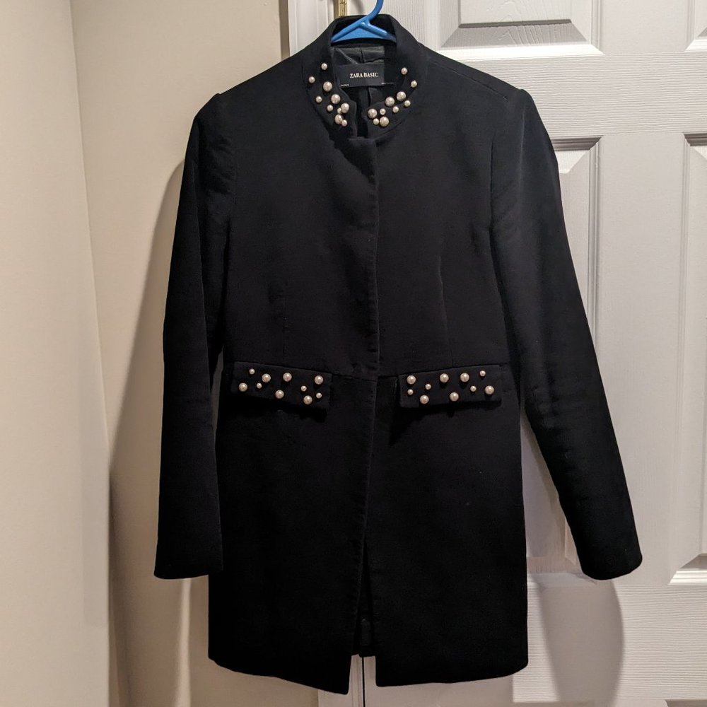 Zara Pearl Black Velvet Pea Coat Blazer Fitted Long Jacket Size M - Picture 2 of 5